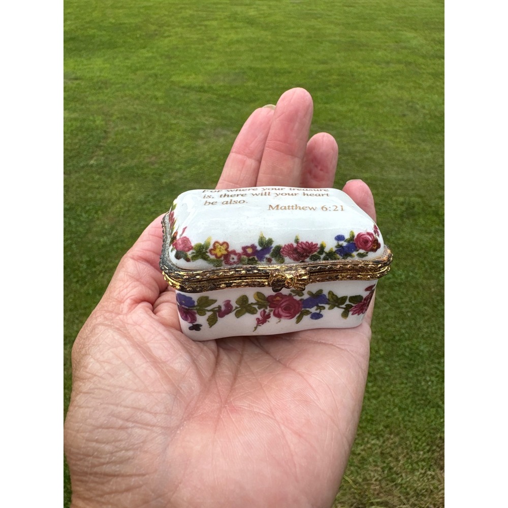 Imperial Porcelain Matthew 6:21 Floral Trinket Box Gold Trim Hinged Keepsake
